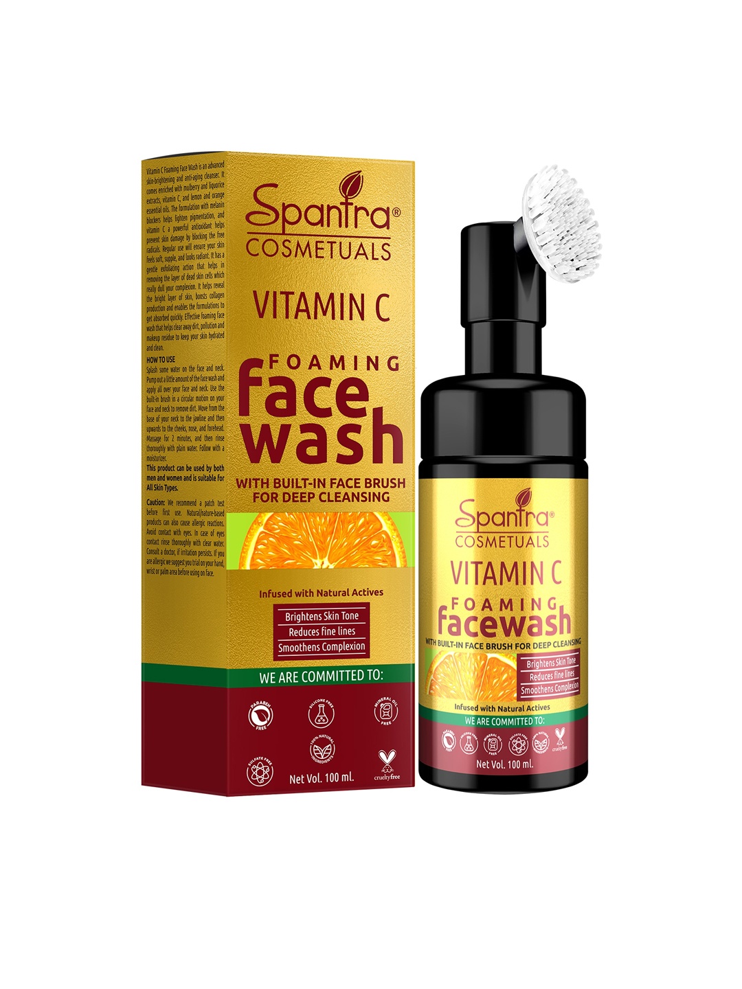

Spantra Vitamin C Foaming Face Wash with Built-in Face Brush for Deep Cleaning - 100ml, Gold