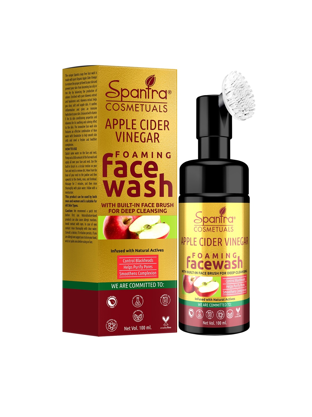 

Spantra Caffeine Apple Cider Vinegar Foaming Face Wash With Built In Silicon Brush 100 ml, Gold