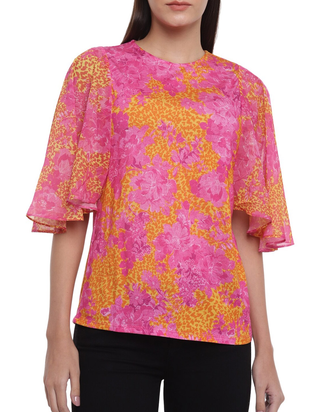 

Ted Baker Orange & Pink Floral Printed Flared Sleeves Top