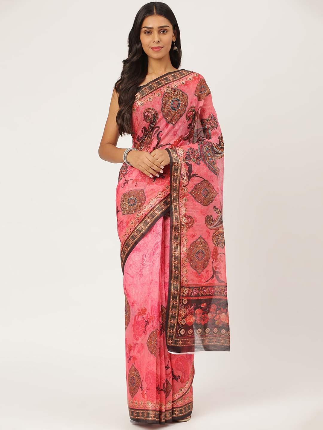 

KARAGIRI White & Pink Floral Printed Saree