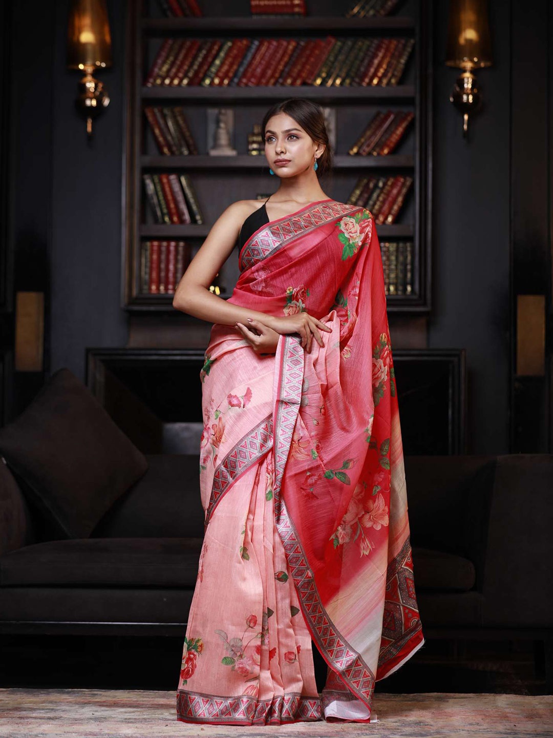 

KARAGIRI Pink & Green Floral Saree