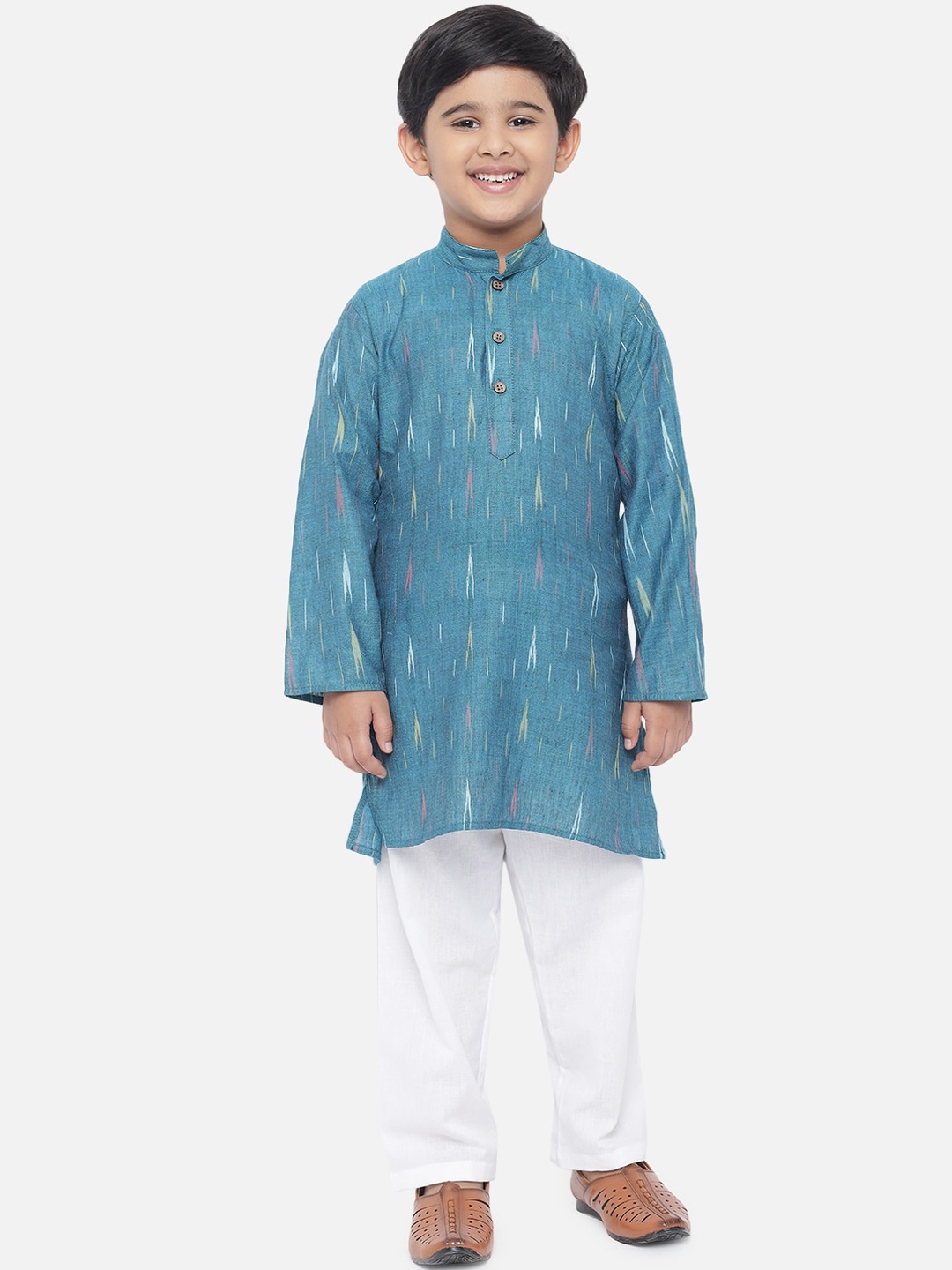 

Vastraa Fusion Unisex Kids Teal Blue & White Printed Pure Cotton Kurta with Pyjamas