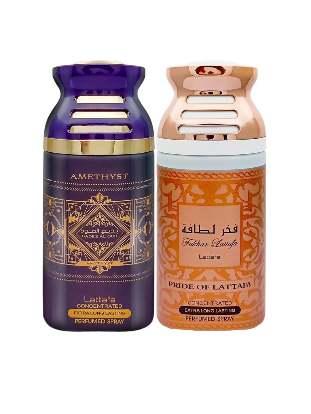 

Lattafa Set of 2 Badee Al Oud (Amethyst) & Fakhar Pink Pride of Lattafa Spray Body 250ml, Purple