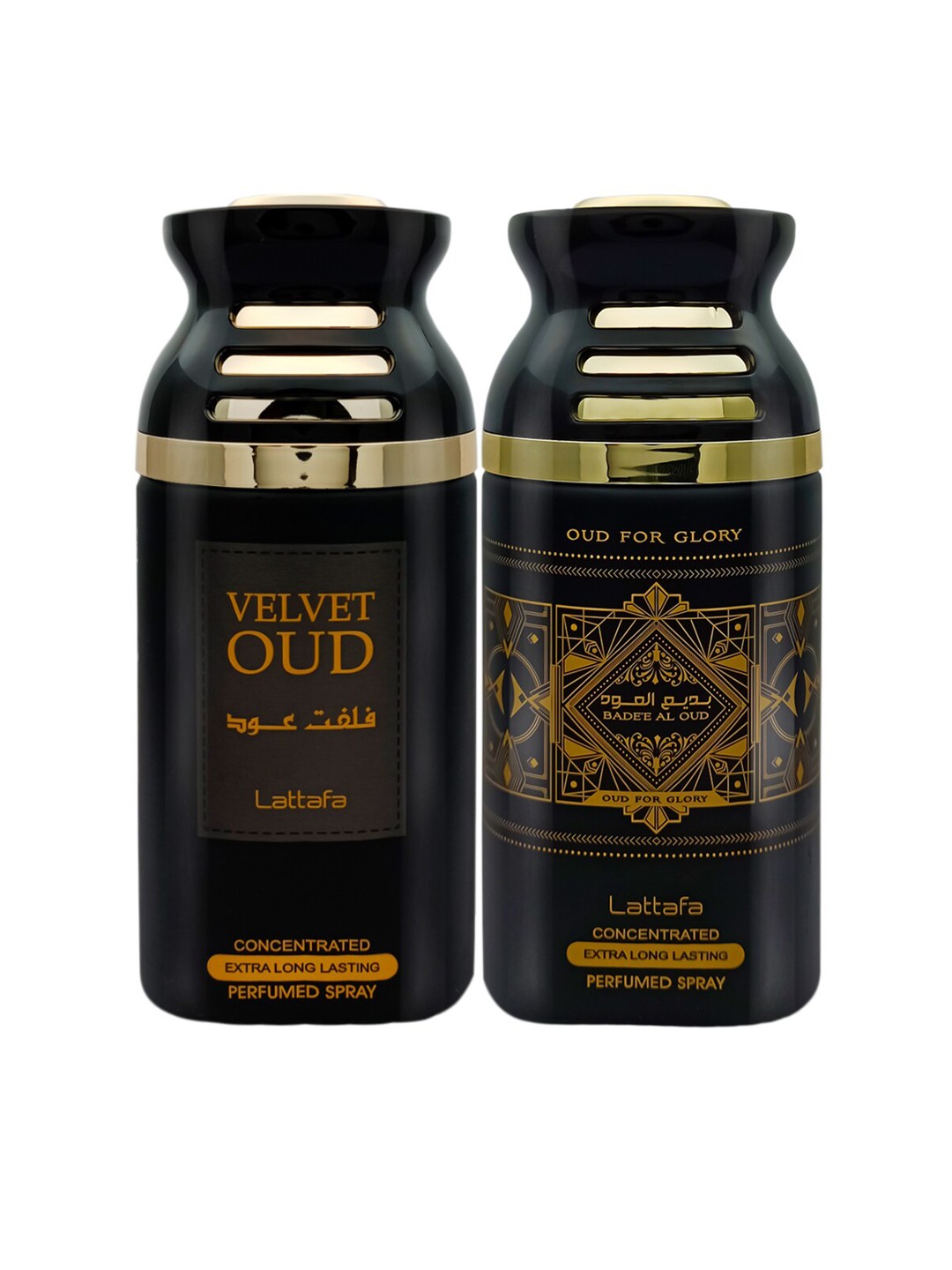 

Lattafa Pack of 2 Velvet Oud & Badee Al Oud Perfumed Body Spray - 250ml Each, Black