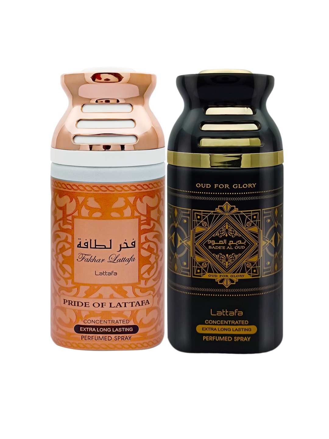 

Lattafa Set of 2 Fakhar Pink Pride & Badee Al Oud Perfumed Spray-250ml Each, Rose gold