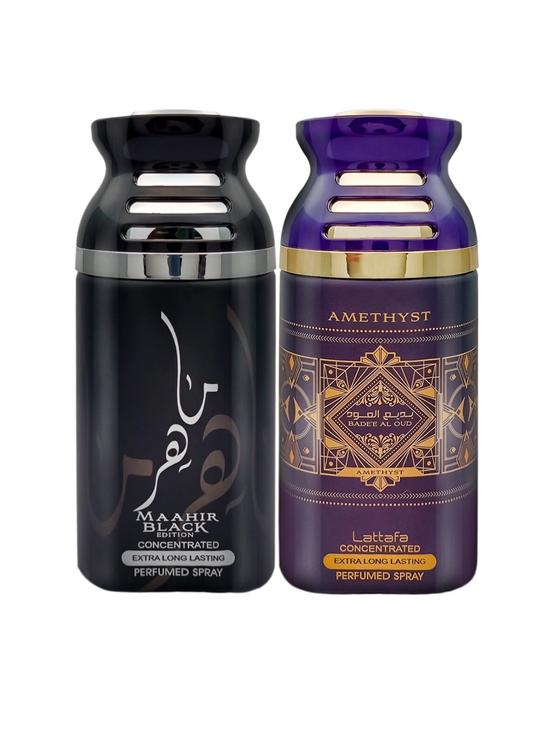 

Lattafa Maahir Black & Badee Pack of 2 Al Oud (Amethyst) Perfumed Body Spray 250ml each