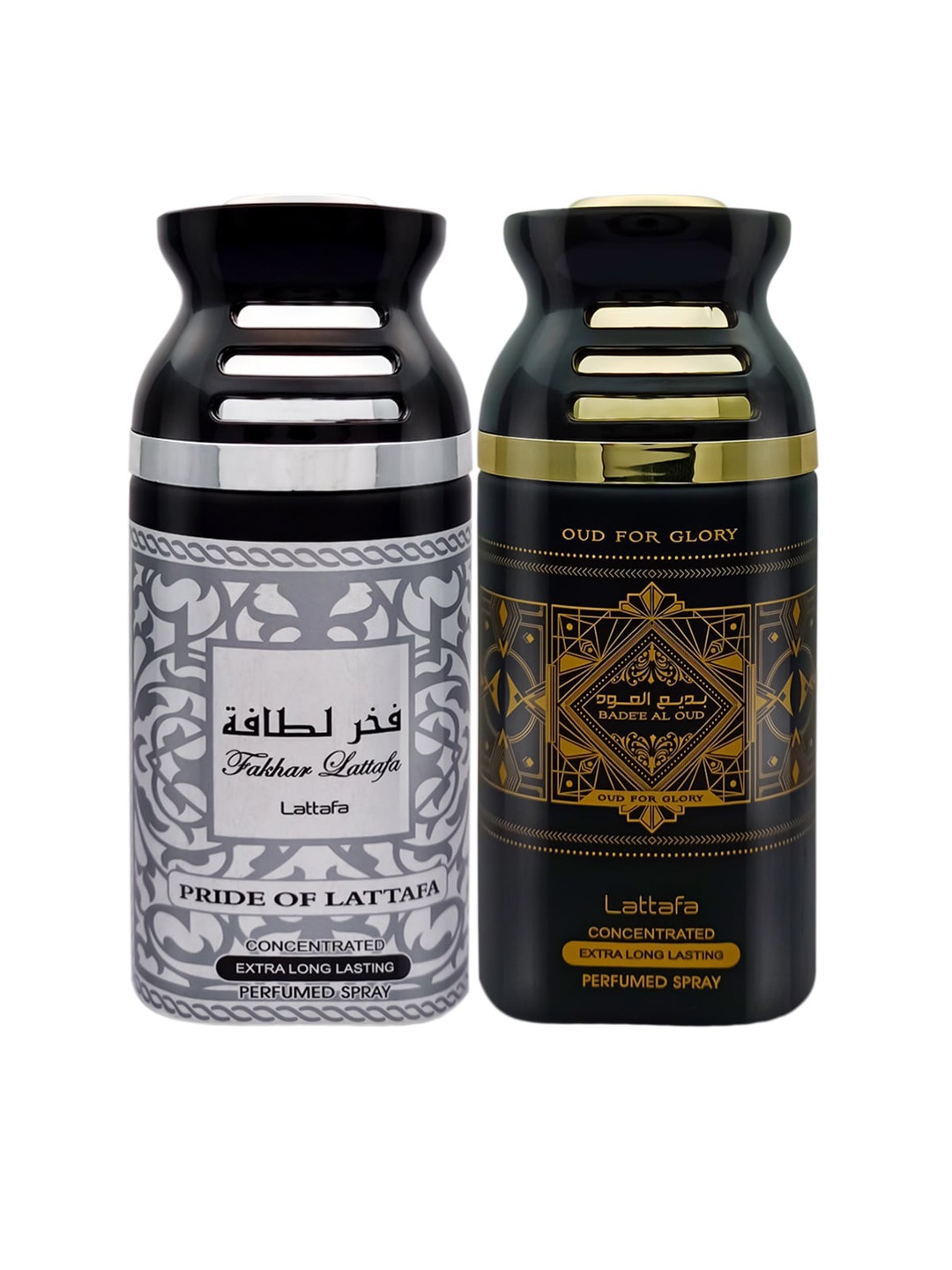 

Lattafa Unisex Pack of 2 Fakhar Black Pride & Badee Al Oud Perfumed Spray Body- 250ml, Silver