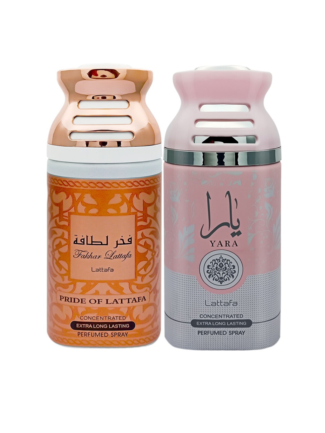 

Lattafa Pack of 2 Fakhar Pink Pride & Yara Imported Perfumed Body Spray - 250ml Each, Rose gold
