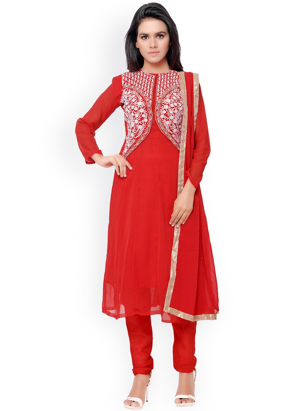 

Silk Bazar Red Embroidered Georgette Unstitched Dress Material