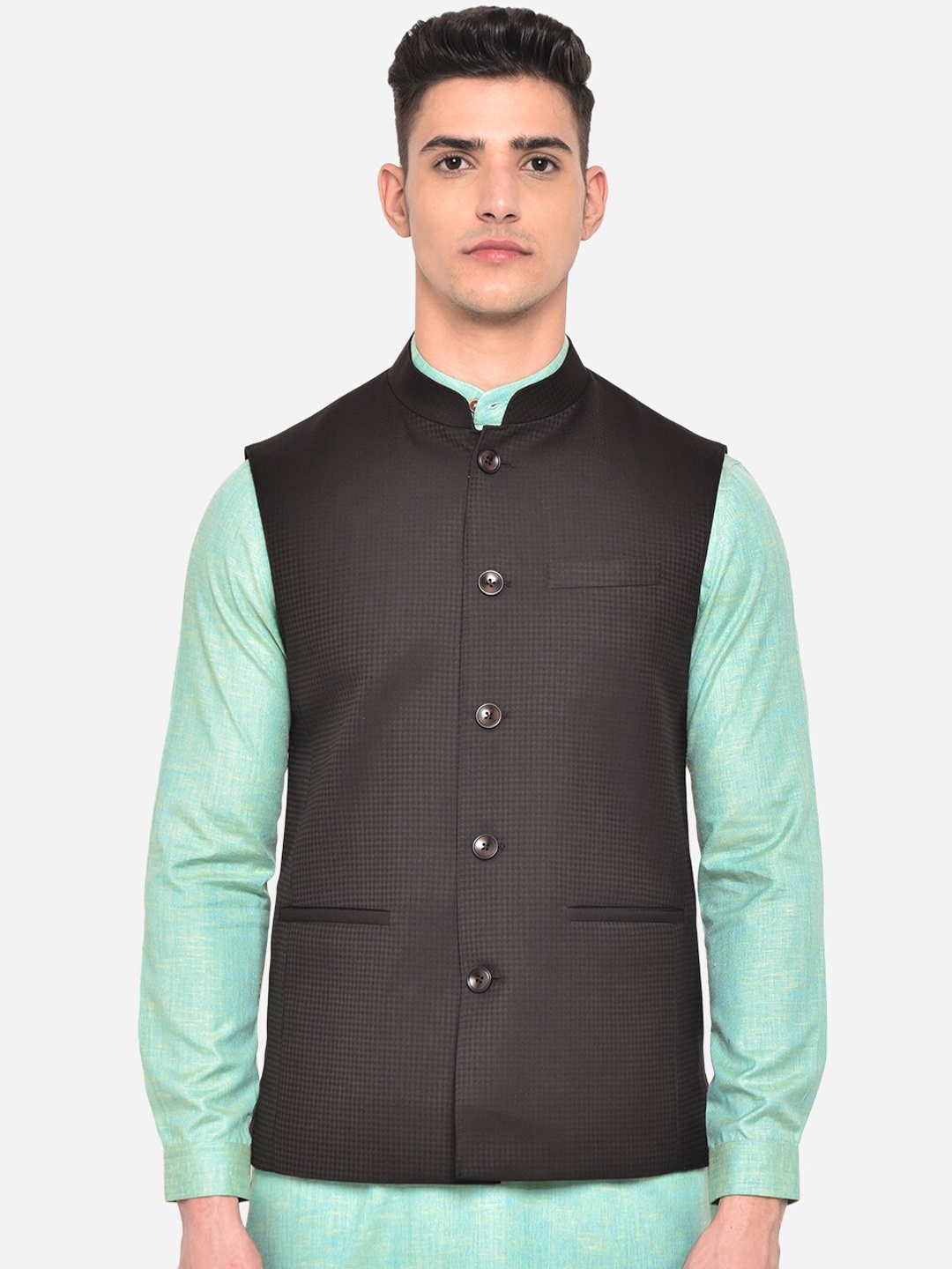 

JADE BLUE Men Terry Rayon Coffee Brown Checked Regular Fit Nehru Jacket