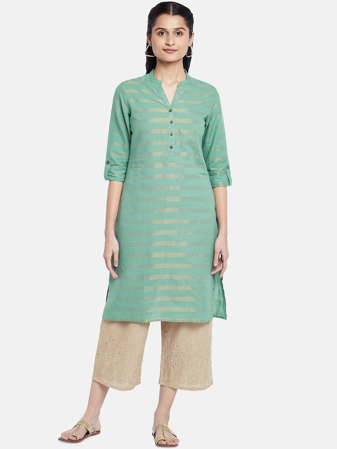 

RANGMANCH BY PANTALOONS Women Green & Gold-Toned Striped Cotton Kurta