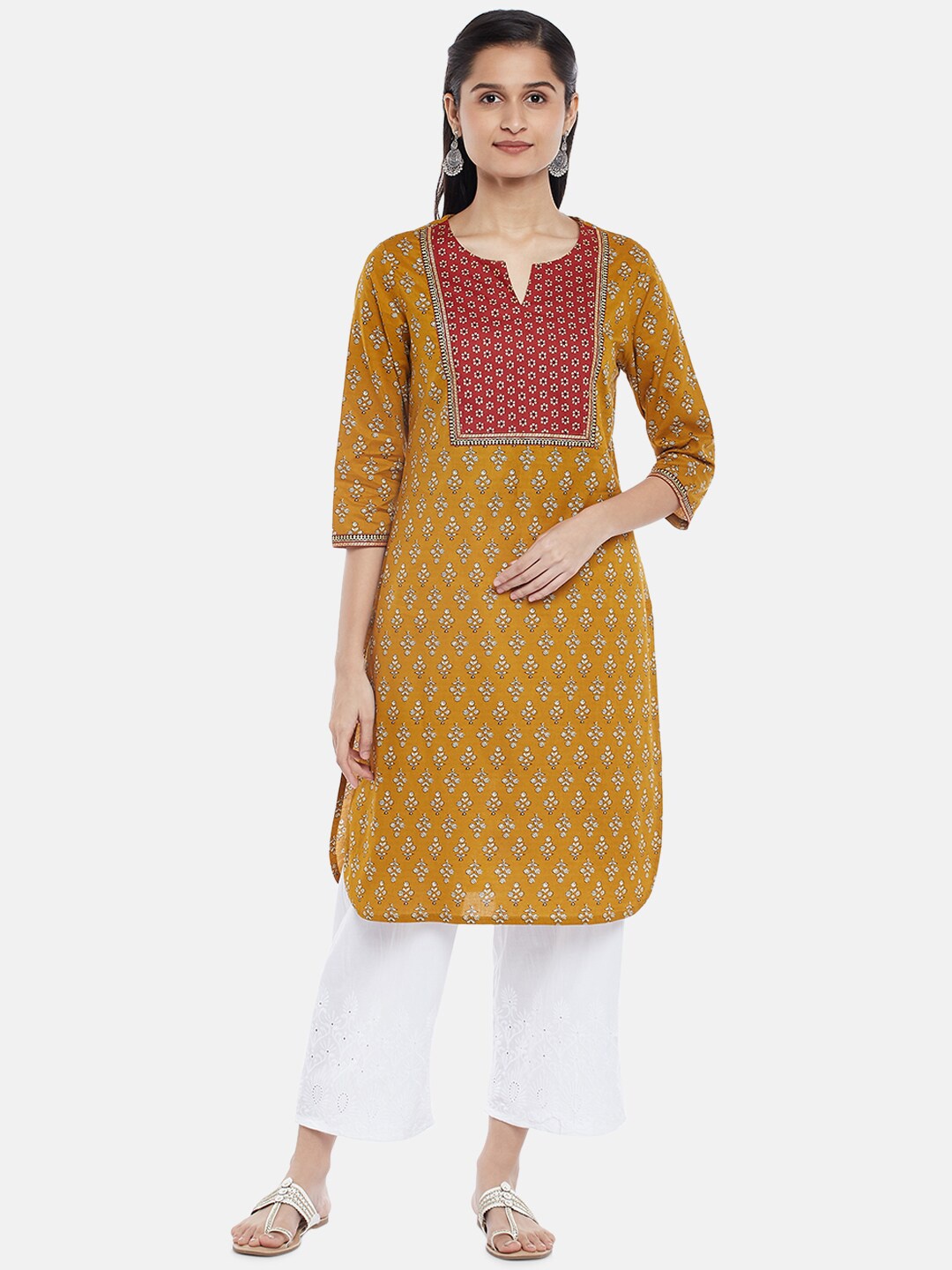 

RANGMANCH BY PANTALOONS Women Yellow & White Ethnic Motifs Thread Work Cotton Kurta