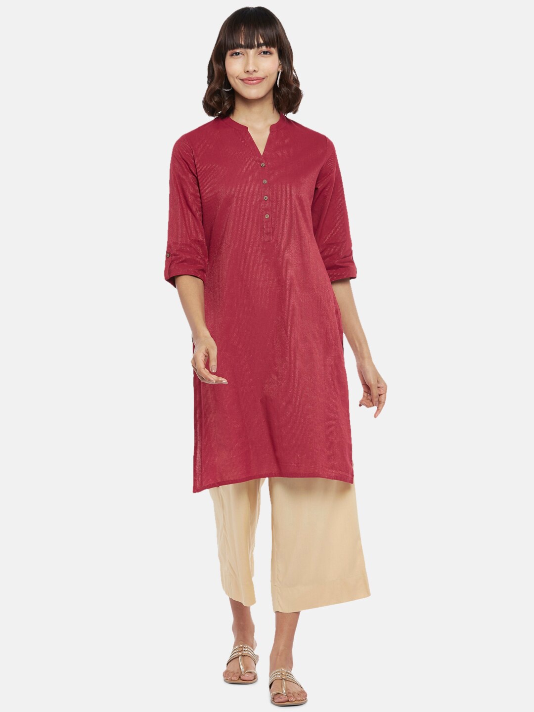 

RANGMANCH BY PANTALOONS Women Maroon Striped Cotton Kurta