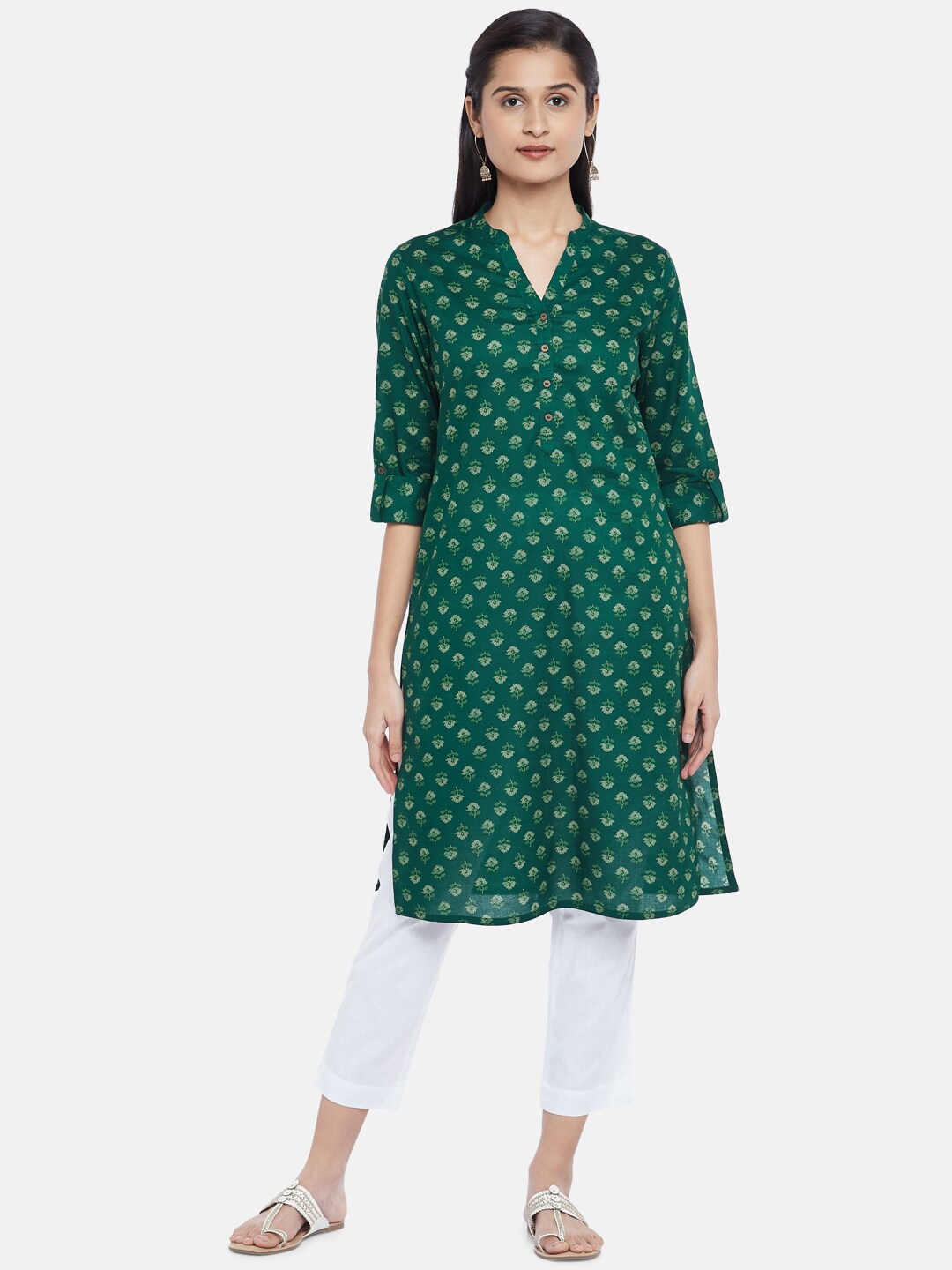 

RANGMANCH BY PANTALOONS Women Green & Off White Ethnic Motifs Printed Cotton Kurta