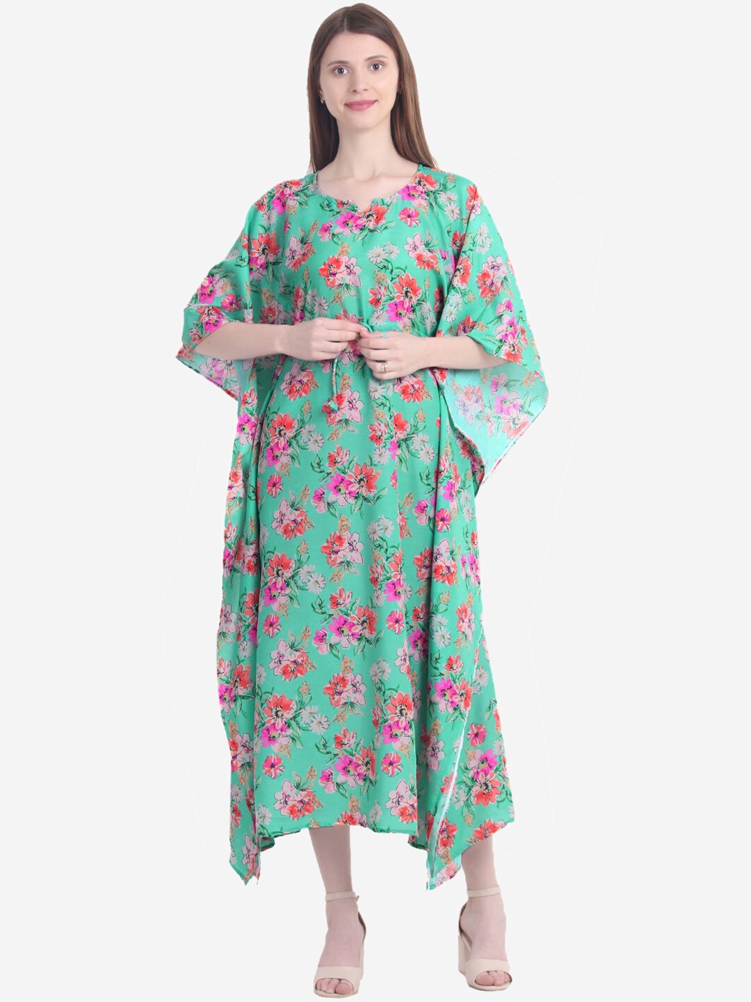 

House of JAMMIES Green & Red Floral Kaftan Midi Dress