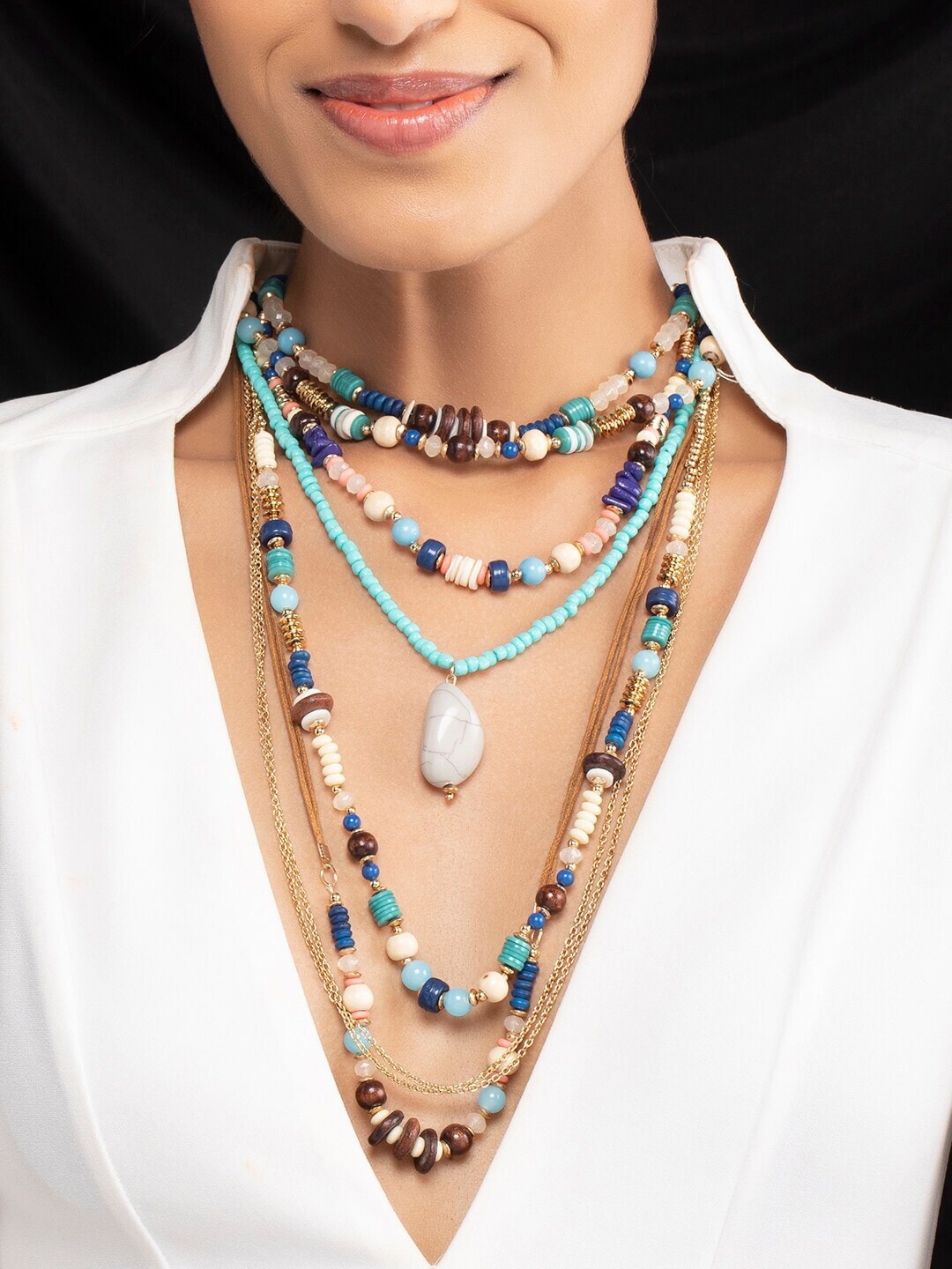 

Rubans Voguish Turquoise Blue & Brown Beaded Layered Necklace