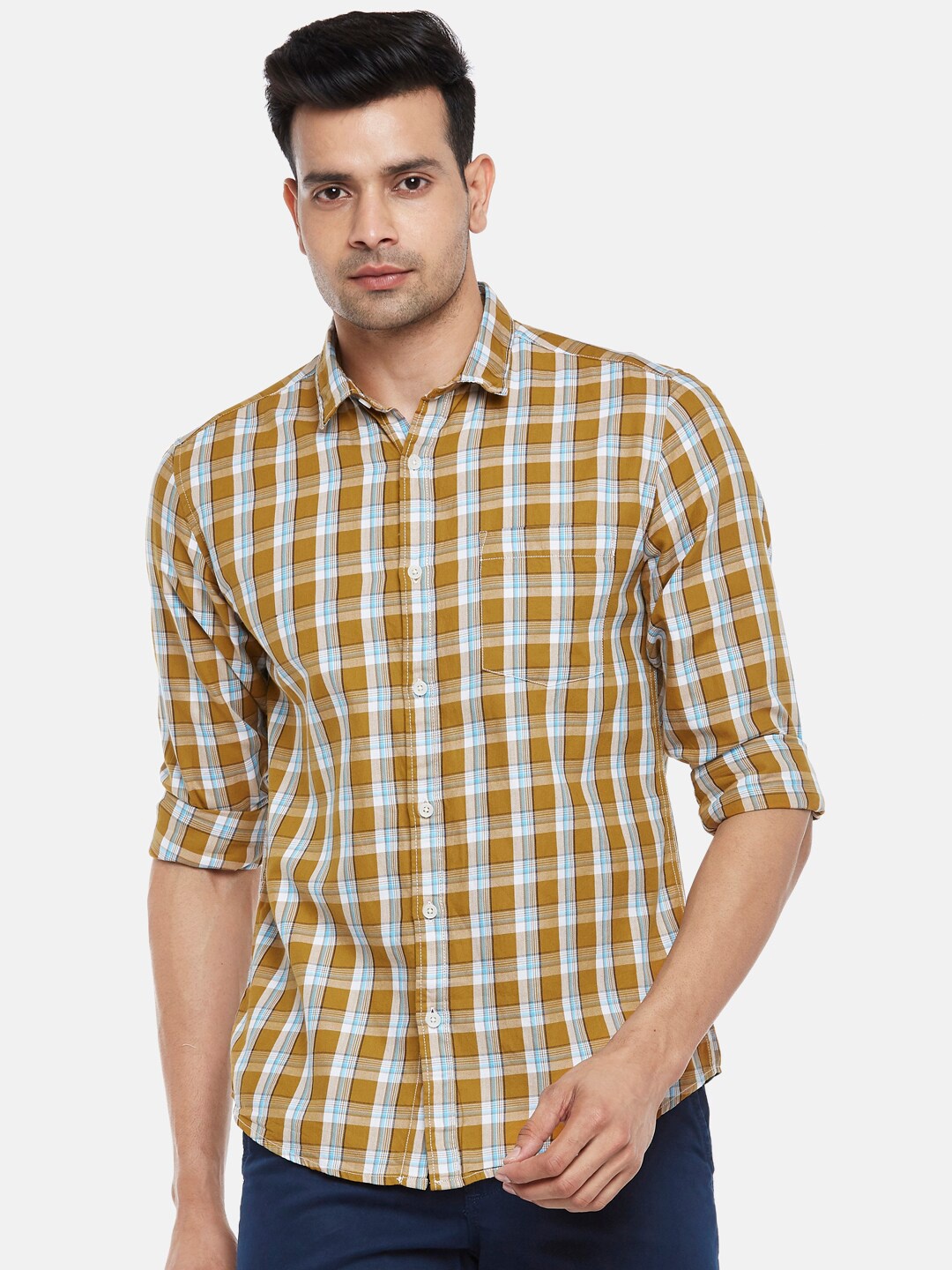 

Urban Ranger by pantaloons Men Brown & Blue Slim Fit Tartan Checked Casual Shirt
