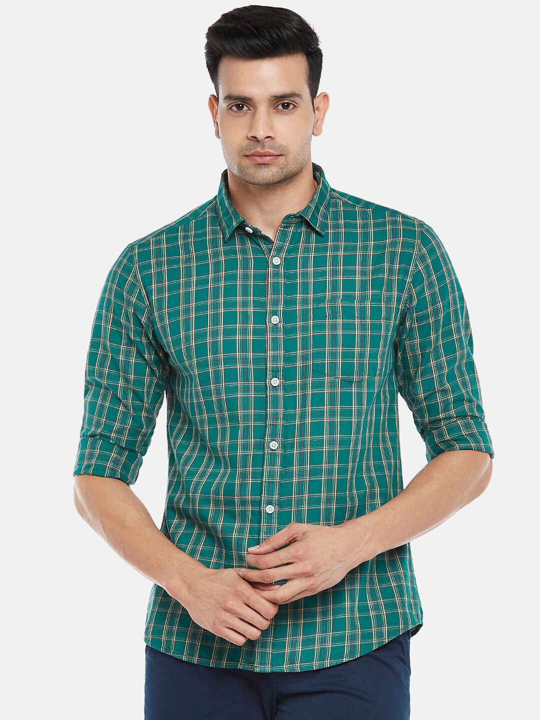 

Urban Ranger by pantaloons Men Green & Beige Slim Fit Checked Pure Cotton Casual Shirt