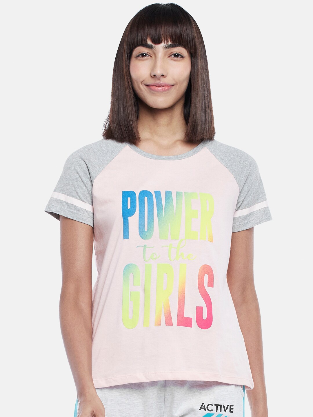 

Ajile by Pantaloons Pink & Grey Typography Printed Top