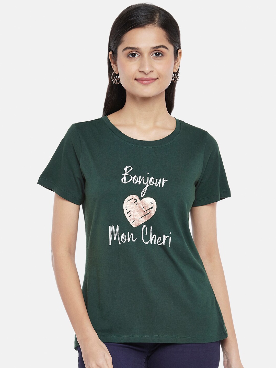 

Honey by Pantaloons Women Green & White Typography Printed Pure Cotton T-shirt