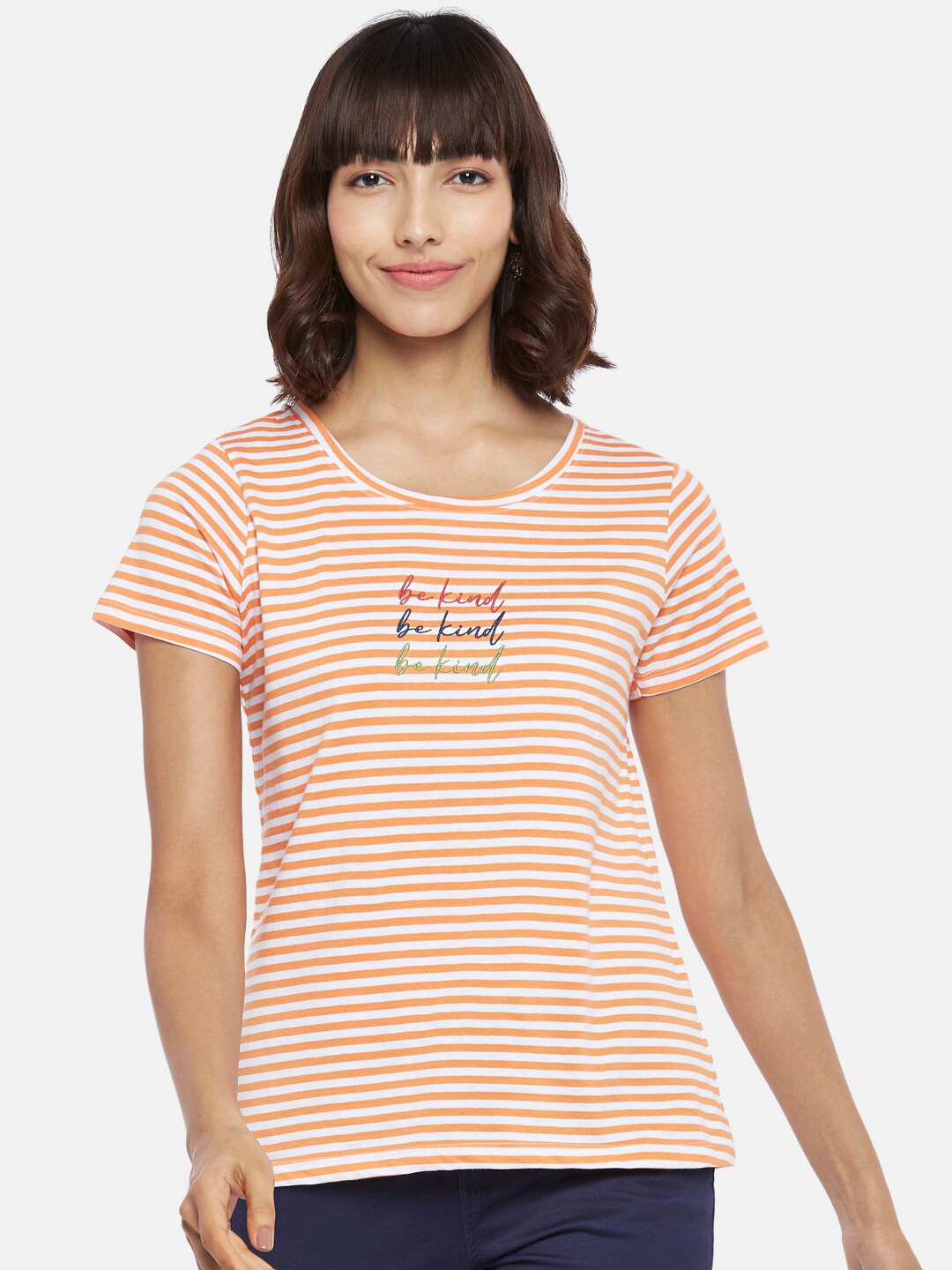 

Honey by Pantaloons Women Orange Striped T-shirt