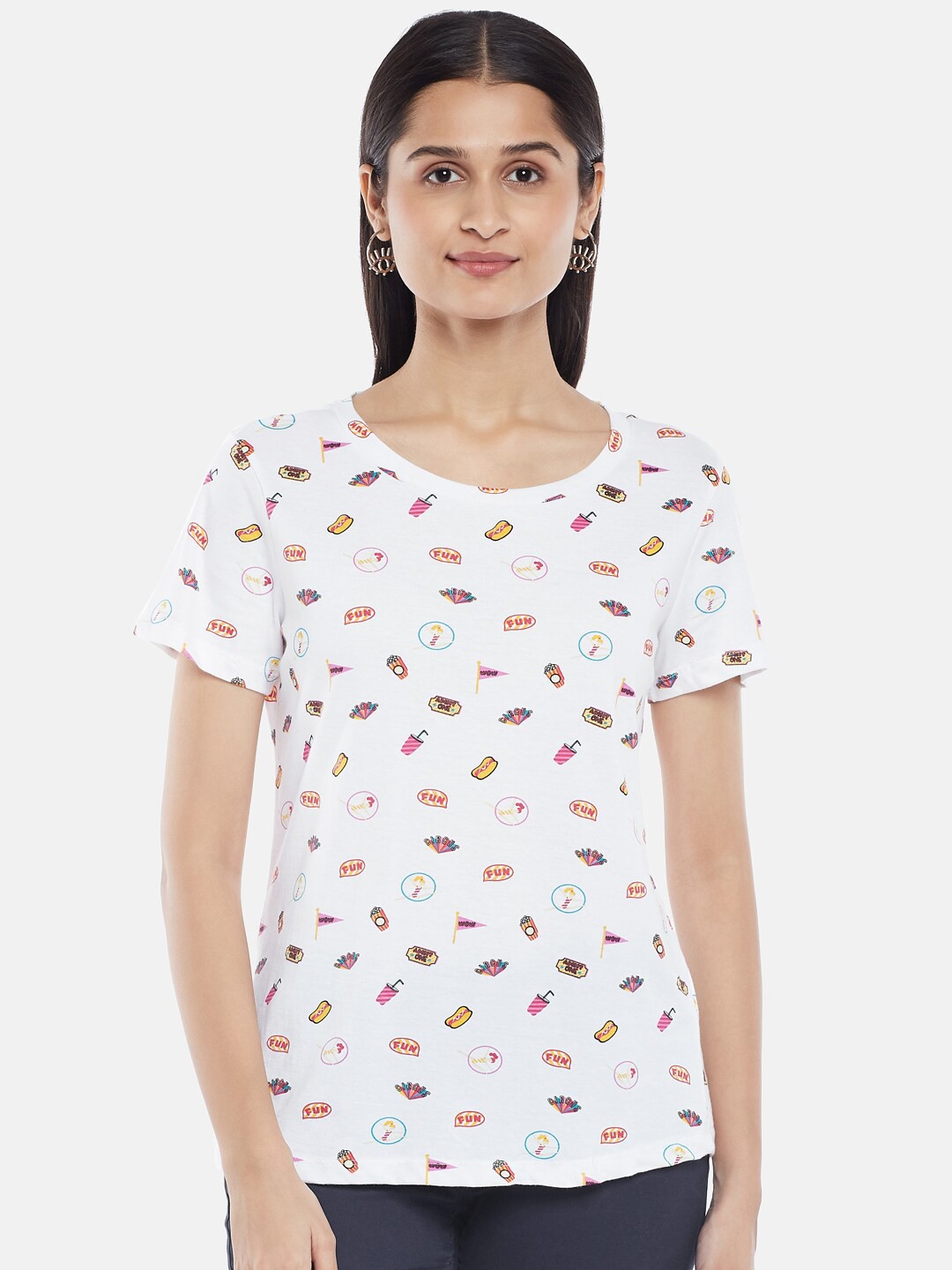 

Honey by Pantaloons Women White & Pink Printed Pure Cotton T-shirt