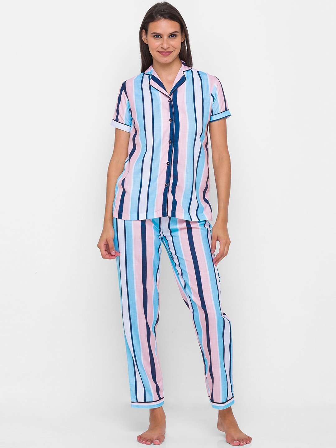 

FashionRack Women Blue & Pink Striped Pure Cotton Night suit