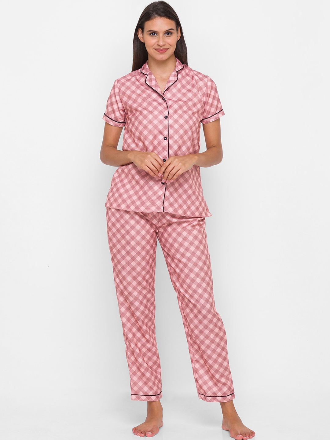 

FashionRack Women Pink Checked Shirt & Pyjama Night suit