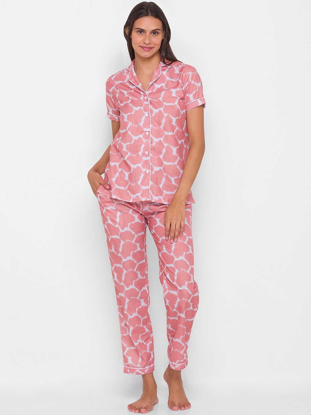 

FashionRack Women Peach-Coloured & Grey Printed Pure Cotton Night suit