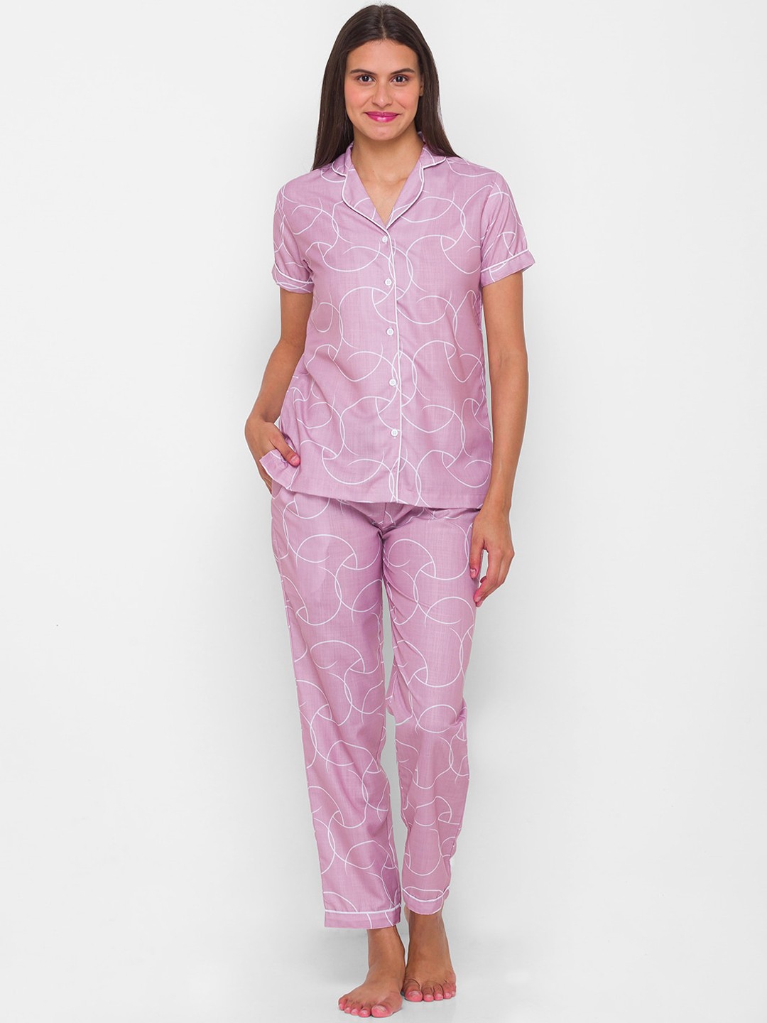 

FashionRack Women Pink & White Printed Pure Cotton Night suit
