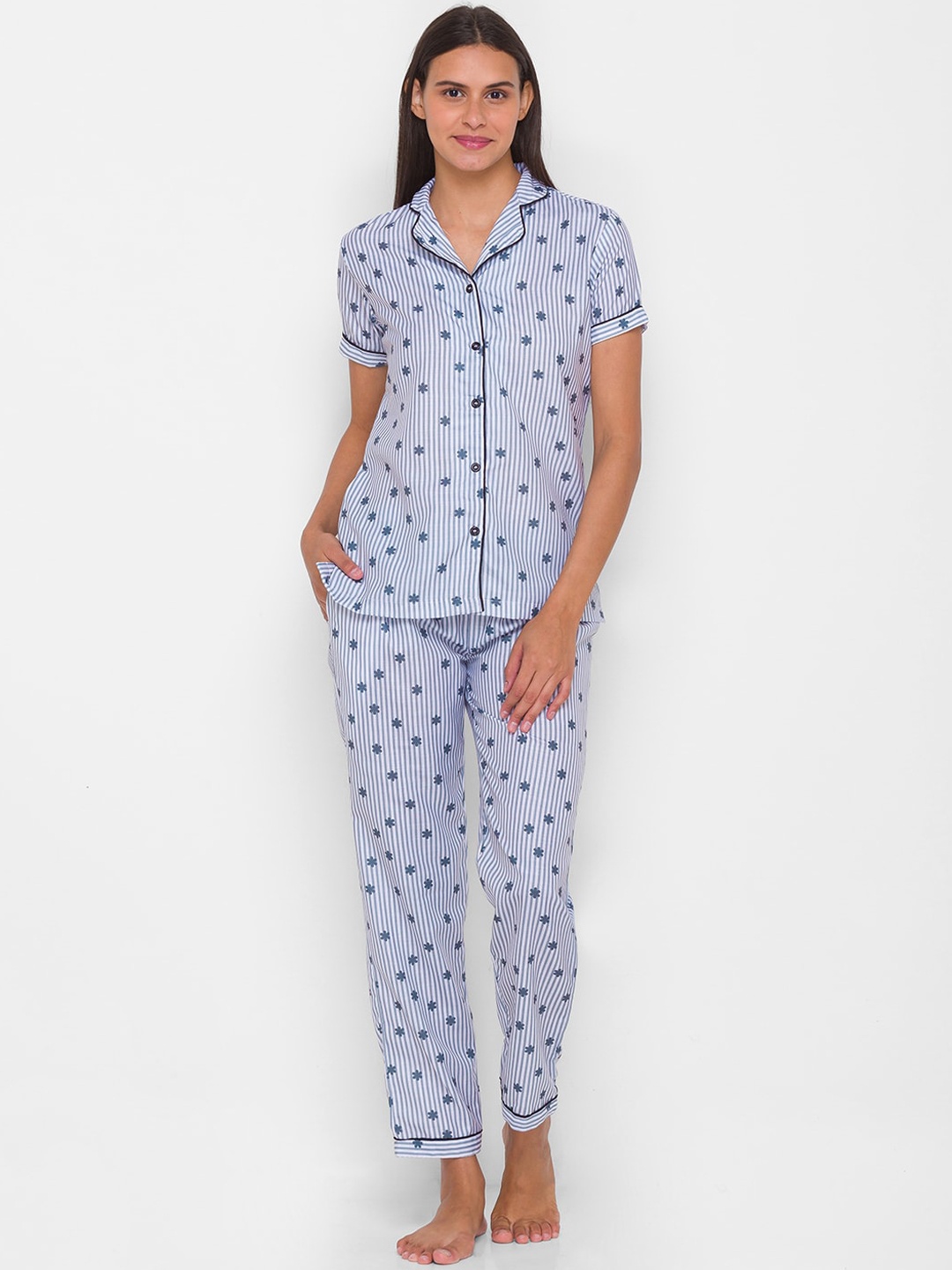 

FashionRack Women Grey & Blue Striped Pure Cotton Night suit