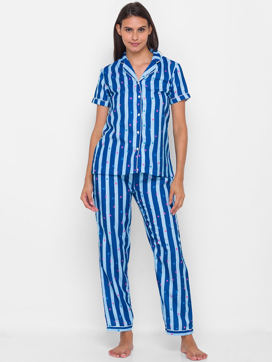 

FashionRack Women Blue & Pink Striped Night suit