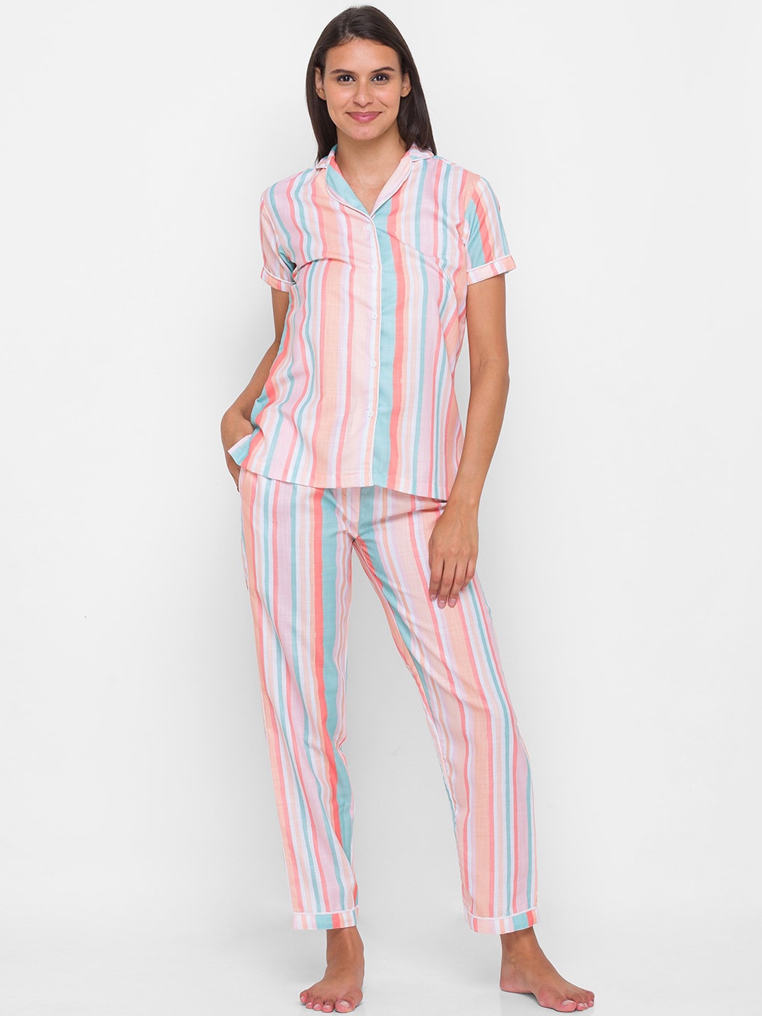 

FashionRack Women Pink & Blue Striped Pure Cotton Night suit