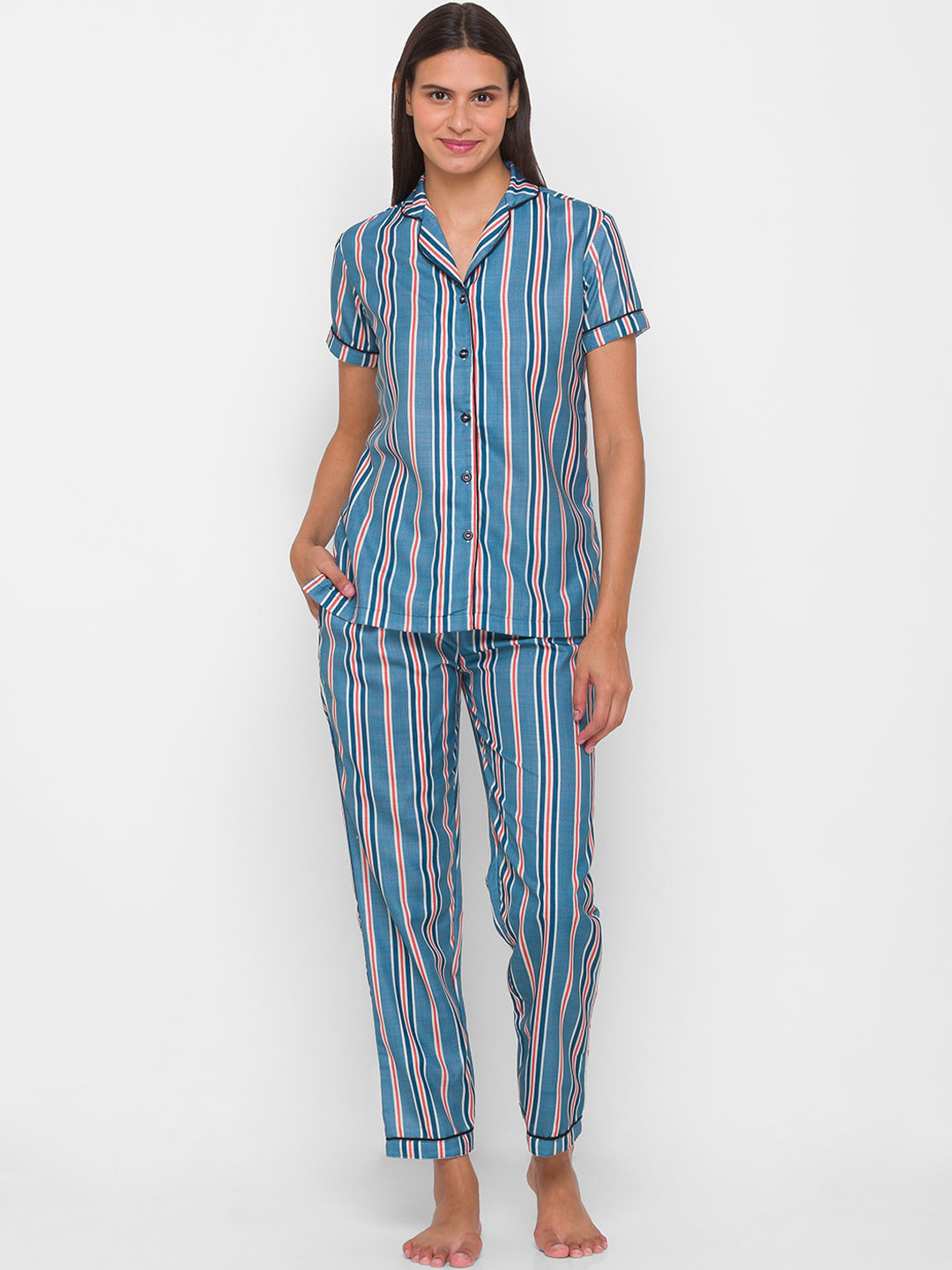 

FashionRack Women Blue & White Striped Pure Cotton Night suit