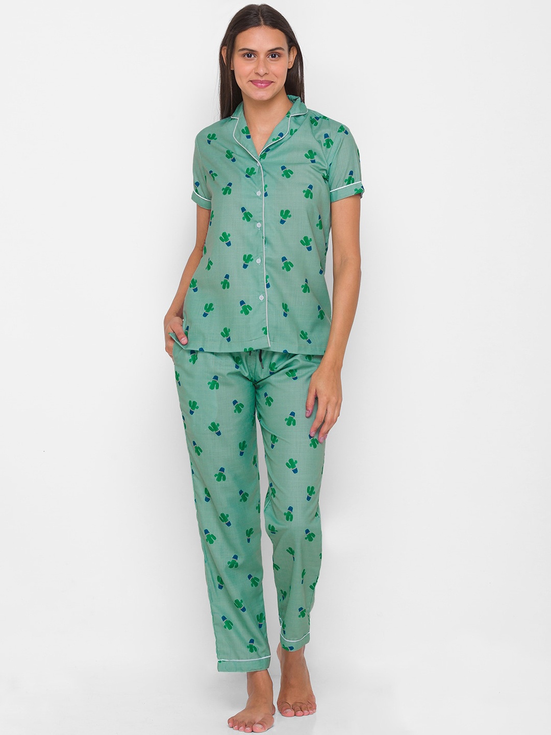 

FashionRack Women Olive Green & Blue Printed Pure Cotton Night suit