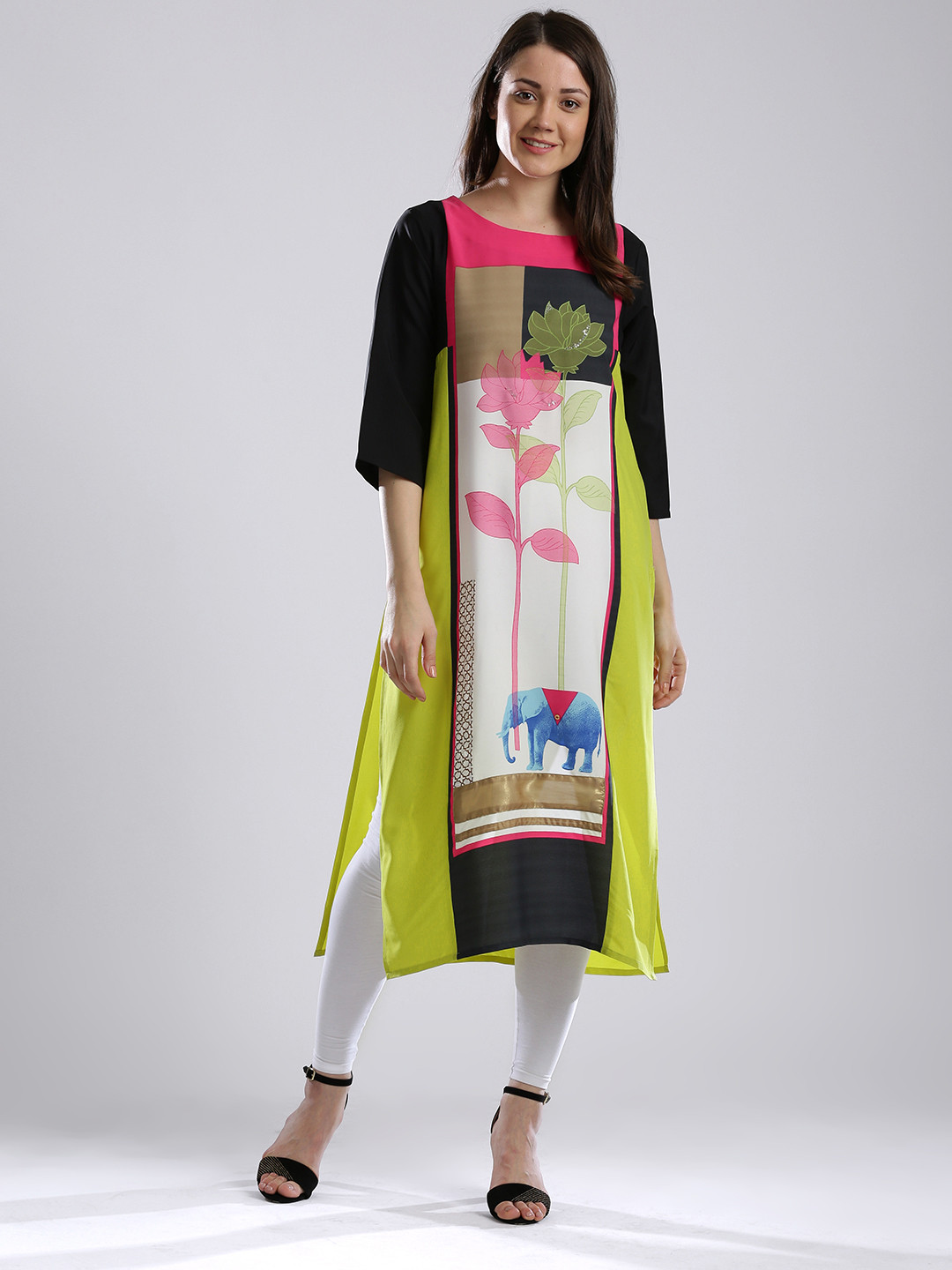 

W Women Lime Green & Black Printed Straight Kurta