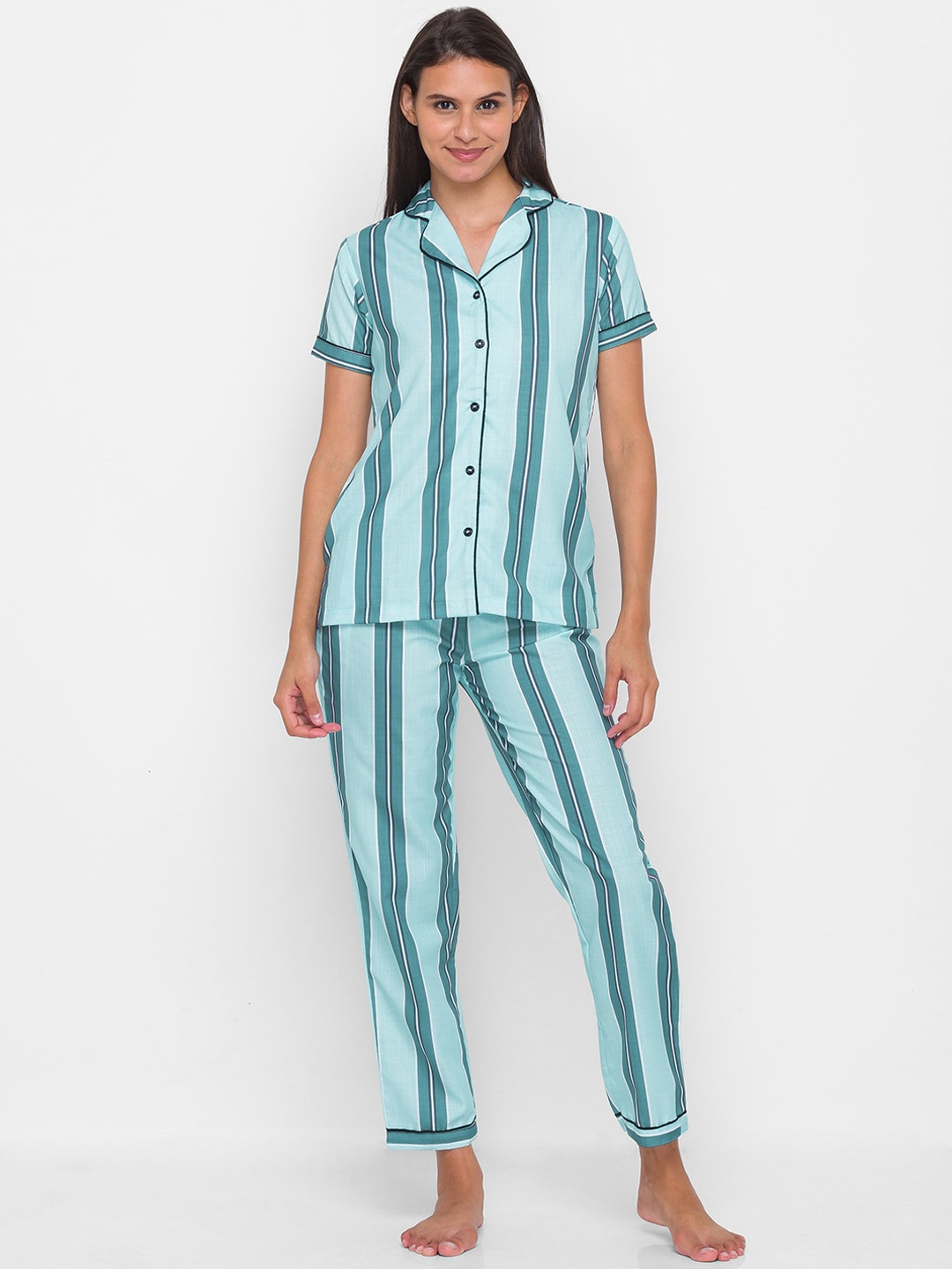 

FashionRack Women Blue & White Striped Pure Cotton Night suit