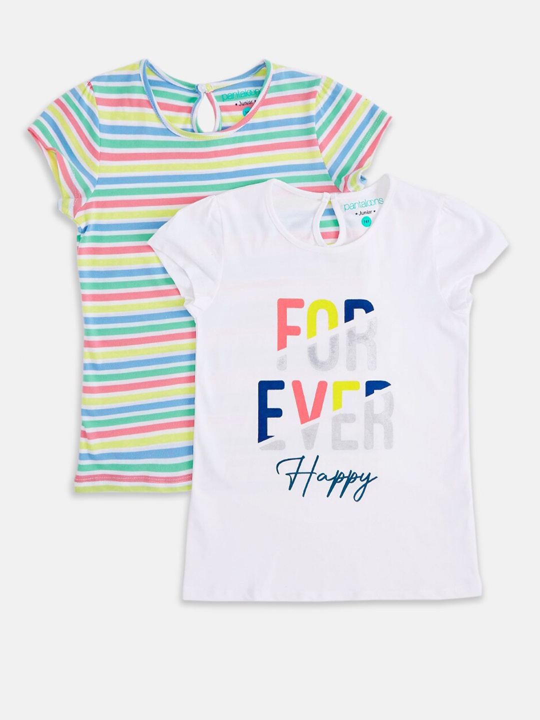 

Pantaloons Junior Girls Pack of 2 Multicoloured Typography Striped T-shirt, Multi