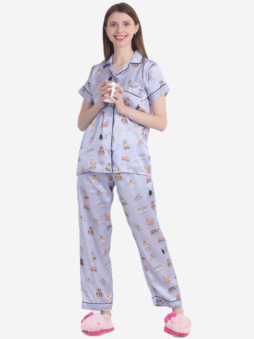 

House of JAMMIES Women Lavender & Rust Printed Satin Night Suit