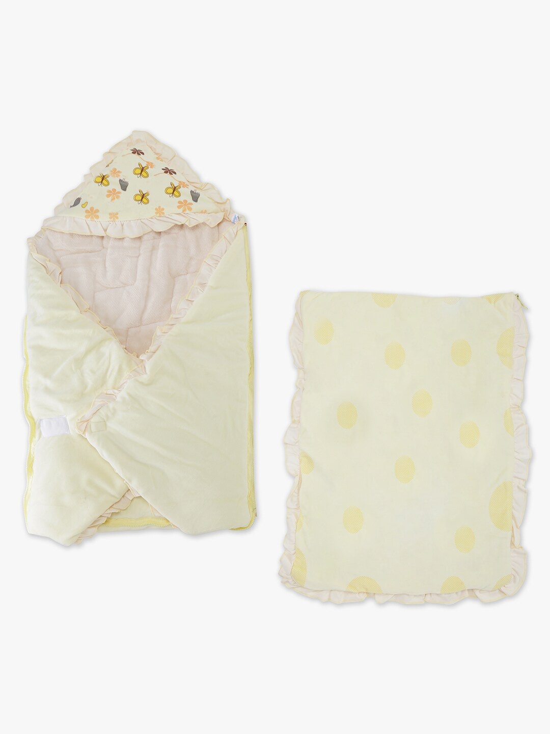 

POKORY Infant Kids Beige & Yellow Printed Pure Cotton Hooded Wrapper Come Quilt