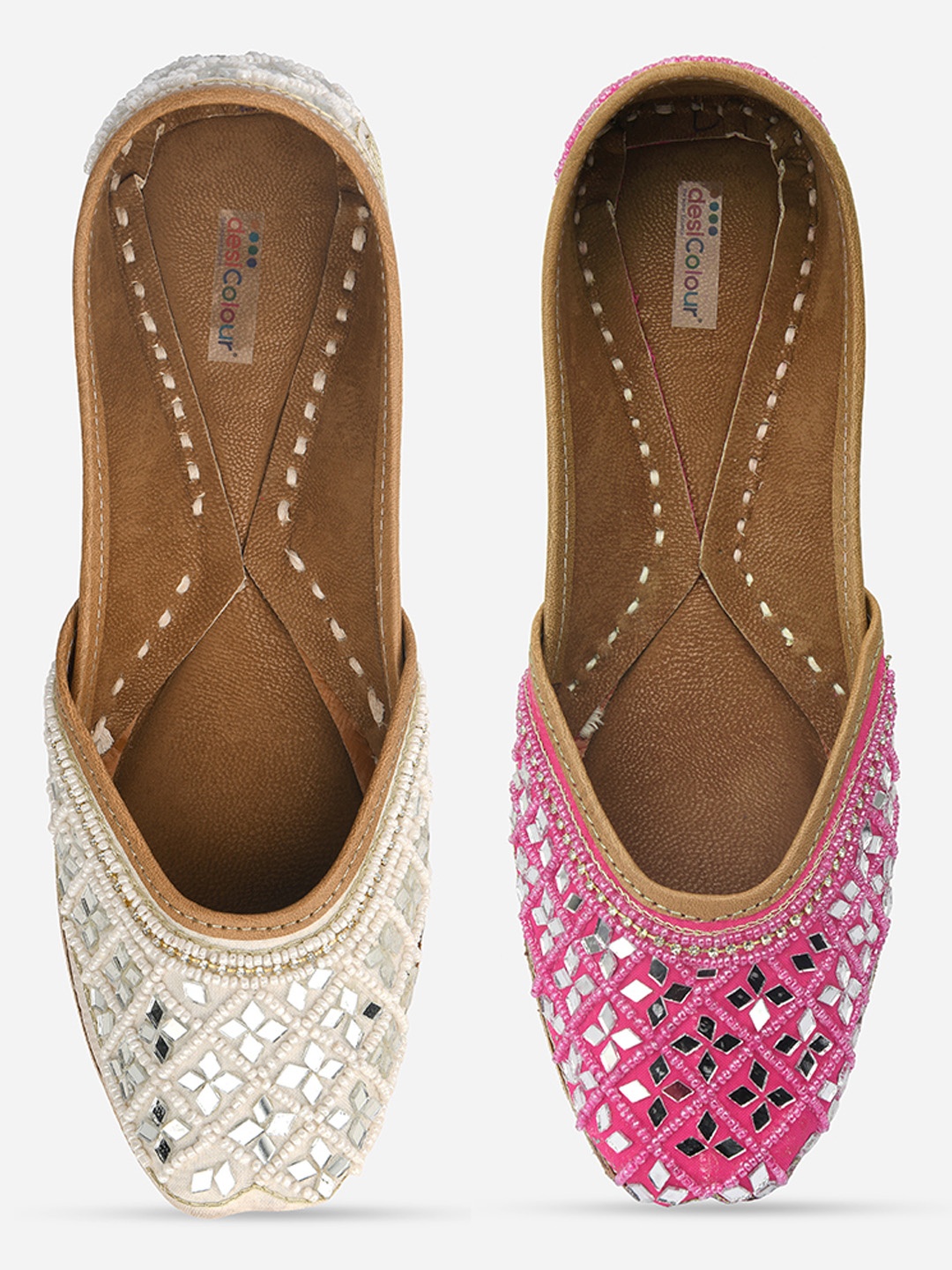 

DESI COLOUR Women White Embellished Leather Ethnic Mojaris Flats