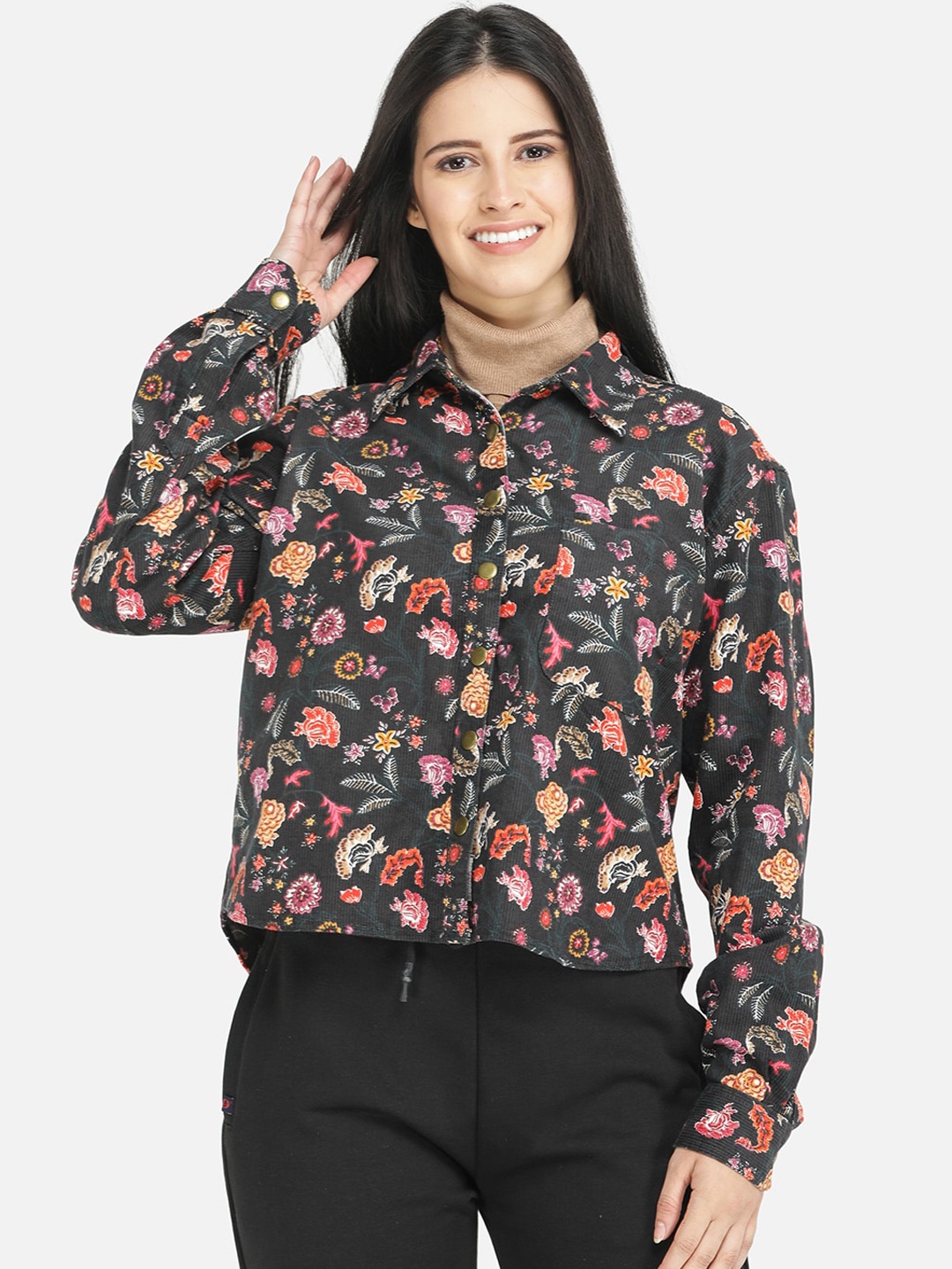 

DECHEN Women Black Corduroy Crop Tailored Jacket