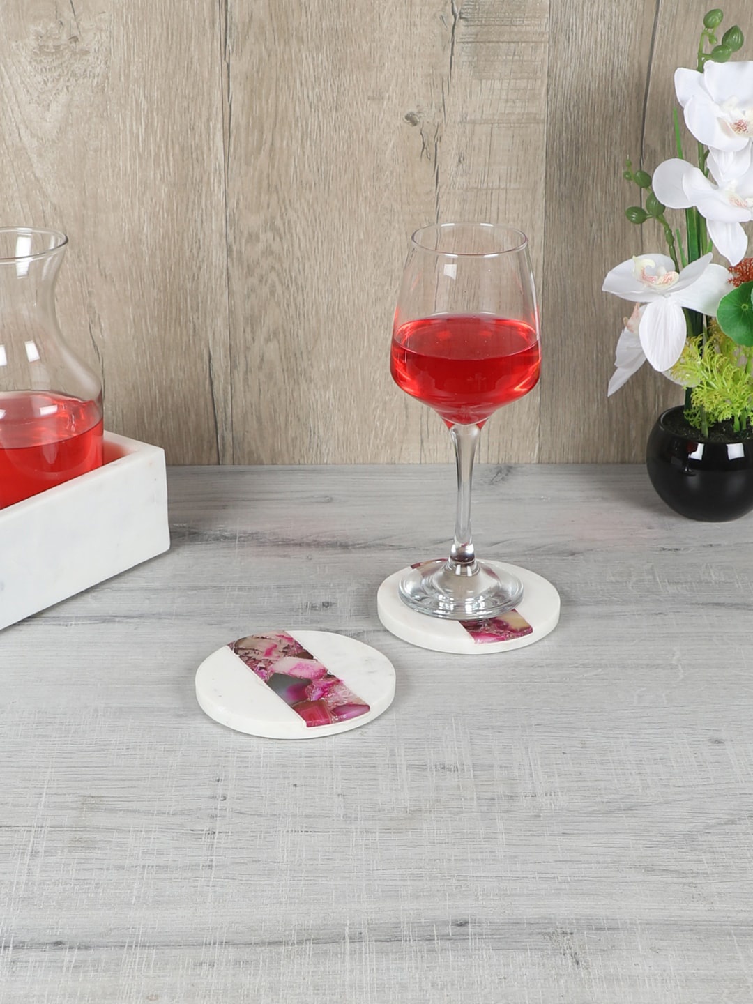 

NikkisPride Set Of 2 White & Pink Printed Marble Coaster