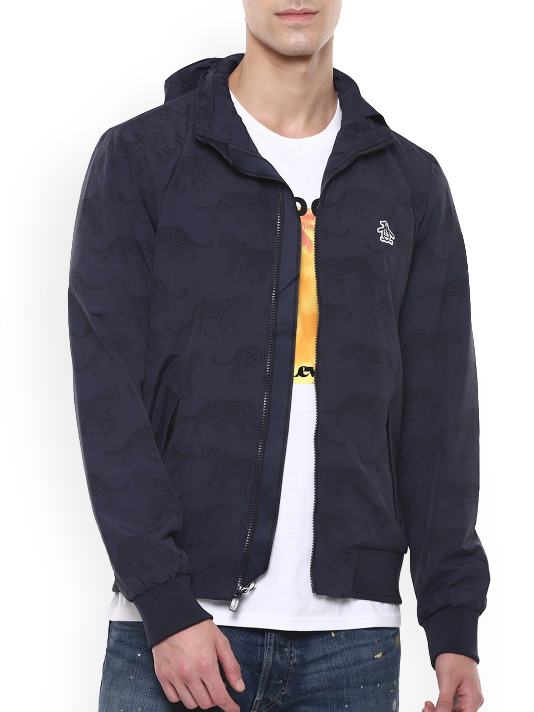 

Original Penguin Men Navy Blue Floral Windcheater Longline Open Front Jacket