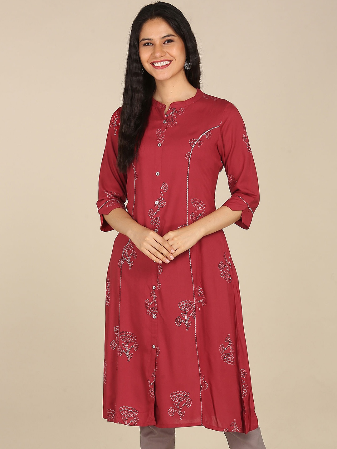 

Karigari Women Red Ethnic Motifs Embroidered Thread Work Kurta