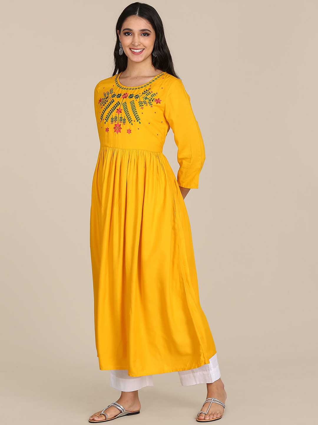 

Karigari Women Yellow Ethnic Motifs Yoke Design Empire Kurta