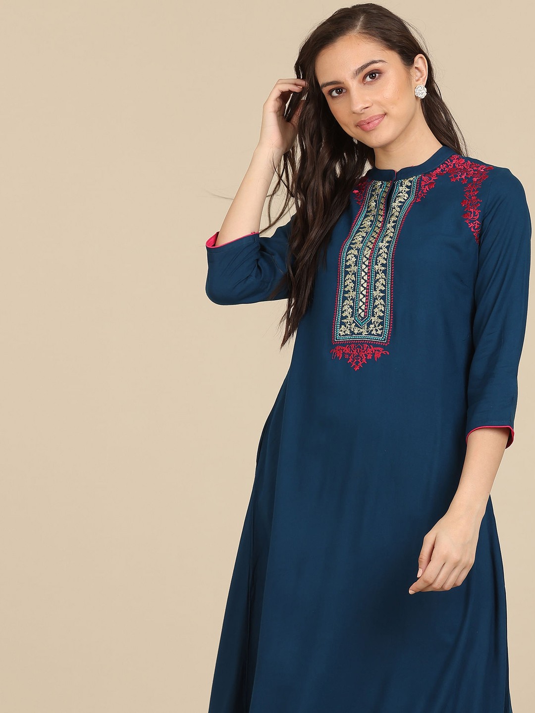 

Karigari Women Blue Geometric Yoke Design Flared Sleeves Kurta