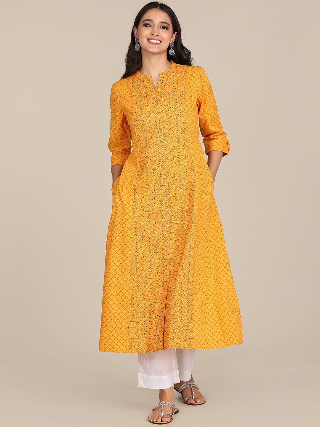 

Karigari Women Yellow Cotton Floral Kurta