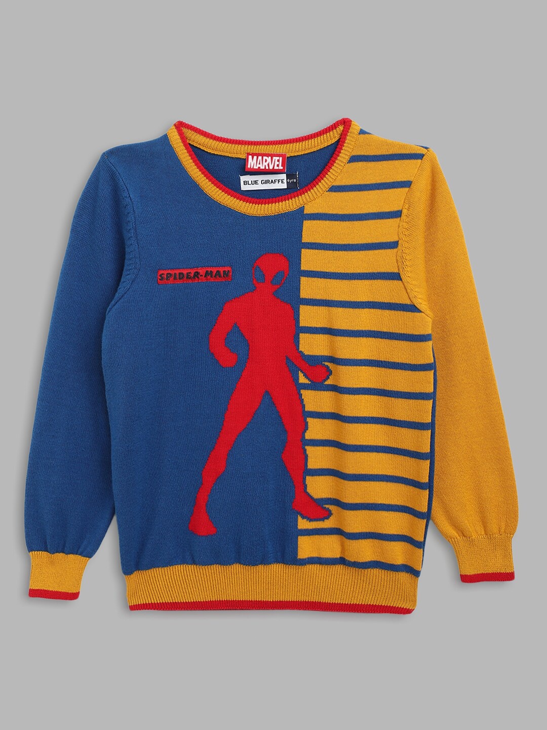 

Blue Giraffe Boys Blue & Yellow Marvel Spiderman Printed Pure Cotton Sweater