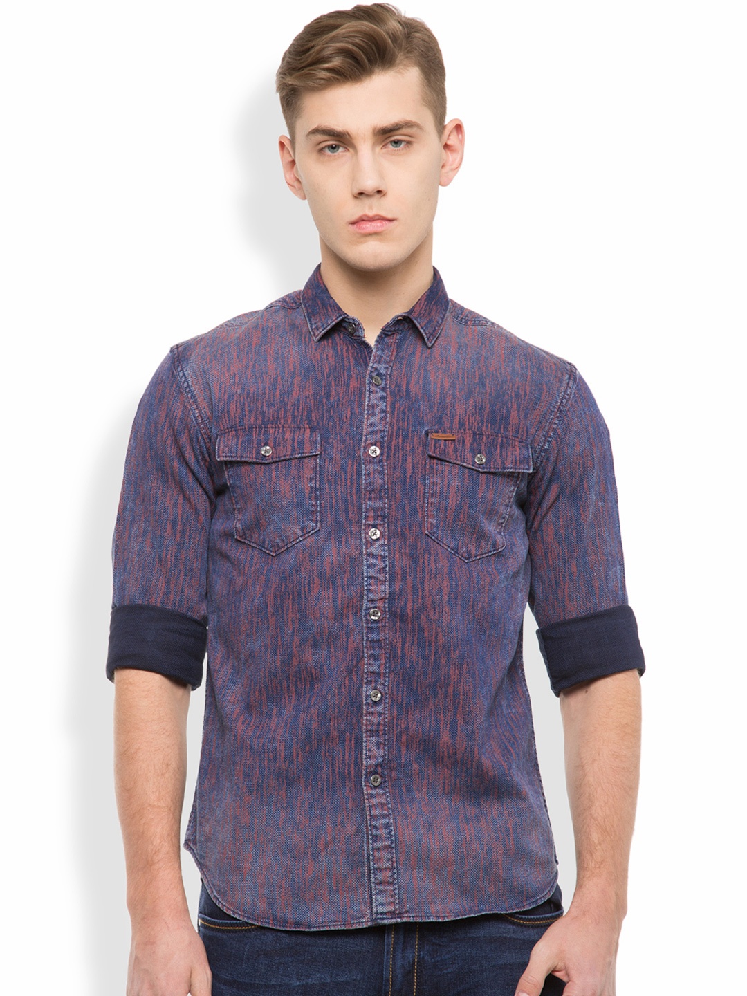 

LOCOMOTIVE Men Blue & Rust Red Slim Fit Casual Shirt